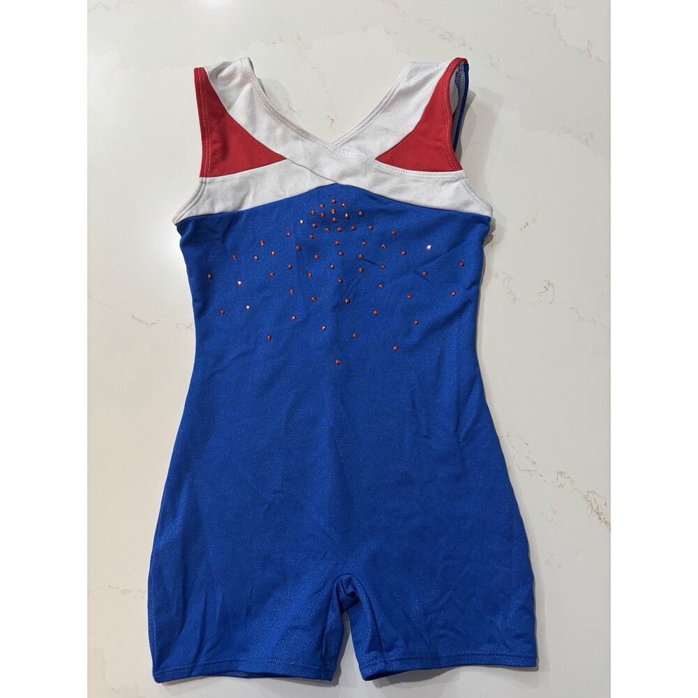 Freestyle girls L 10/12 blue white with red accents leotard gymnastic dance
